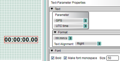Screenshot of a Text-Parameter element on the canvas with the Text-Parameter Properties on the right hand side. UTC Time is selected.
