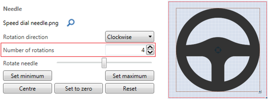 Screenshot of the Needle settings with Number of Rotations highlighted and an example image of how this will affect the Gauge.