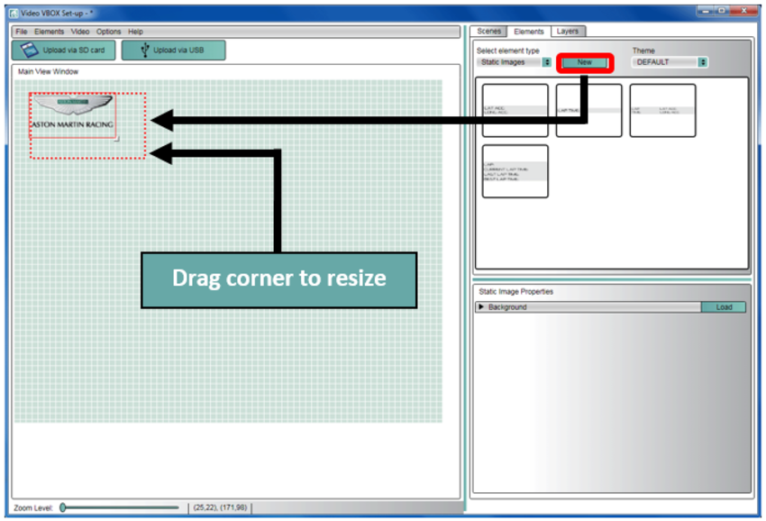 Image depicting how to add and resize an image in Video VBOX Setup software.