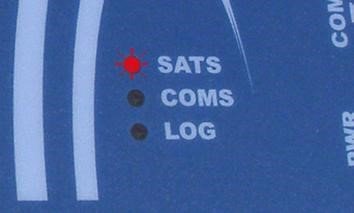 Cropped photograph of the LEDs on VBOX Micro. The SATS LED is illuminated red.