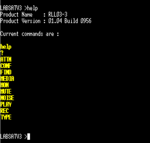 Terminal interface showing the LabSat help command output with supported command list and product version details.