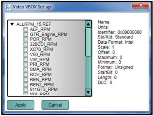 Screenshot of the available CAN files within Video VBOX Setup software.
