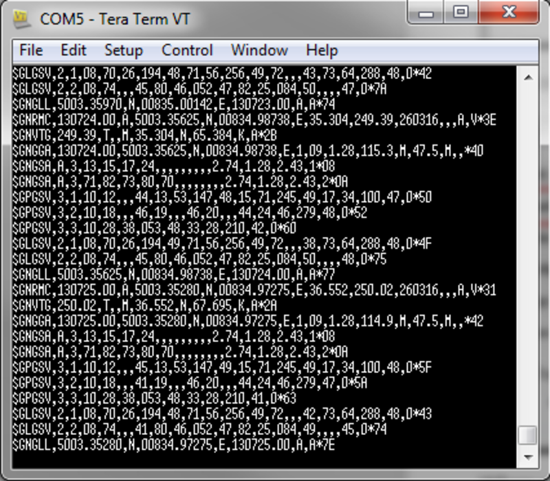 Tera Term terminal window displaying live NMEA GNSS data output from the LabSat device.