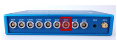 Photograph of a Video VBOX Pro with the SER port highlighted.