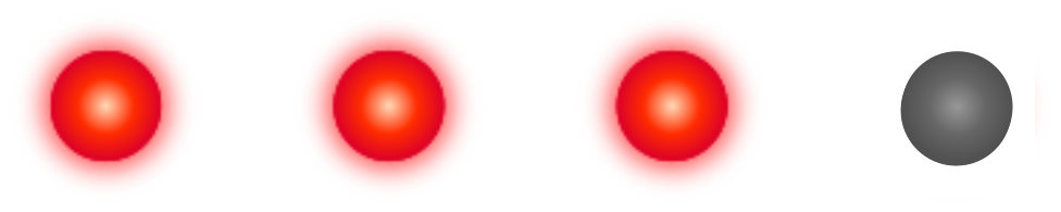 A row of 4 LEDs with the first 3 illuminated in red.