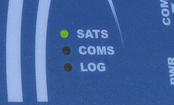 Cropped photograph of the LEDs on VBOX Micro. The SATS LED is illuminated green.