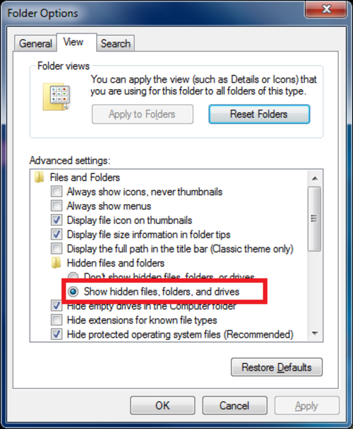 Screenshot of Folder Options with 'Show hidden files, folders, and drives' highlighted.