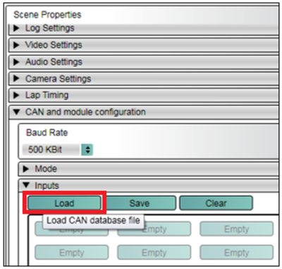 Screenshot of the Scene Properties with the Inputs Load button highlighted.