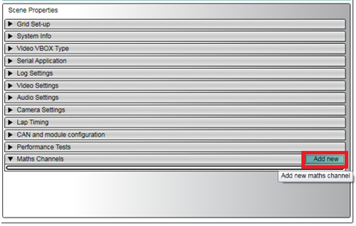 Screenshot of the Scene Properties in Video VBOX Setup software. The Maths Channels 'Add New' button is highlighted.