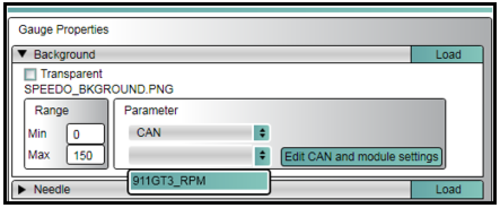 Screenshot of Gauge properties with the selected vehicle CAN database selected under the Parameter settings.