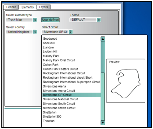 Screenshot of the Elements tab in Video VBOX Setup software with Track Map selected as the element type.