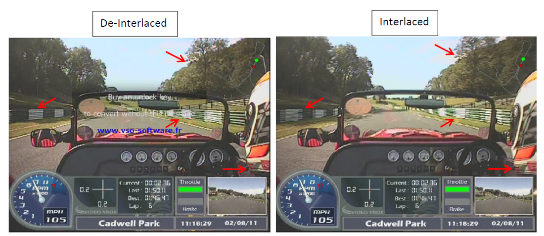Images highlighting the differences between de-interlaced and interlaced video.