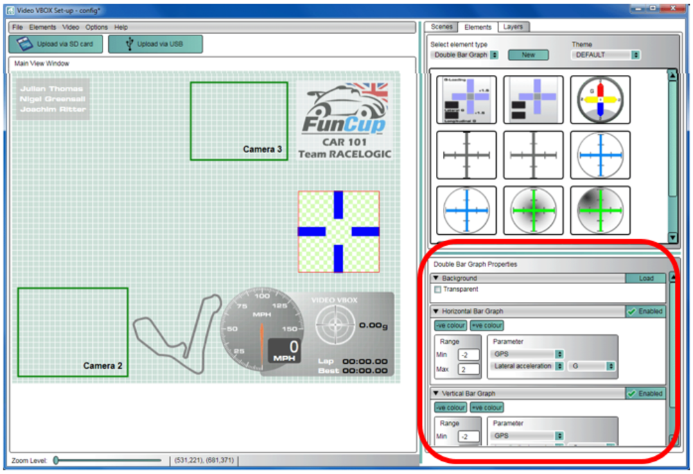 Screenshot of Video VBOX Setup software with the Double Bar Graphs Properties highlighted.