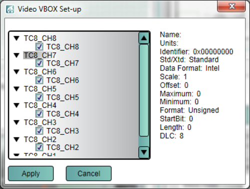 Screenshot from Video VBOX Setup software showing the channels selected to log. 