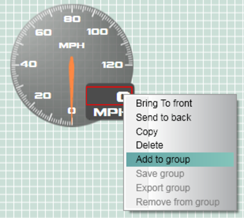 Screenshot of a Gauge element and the right click menu with Add to Group highlighted.