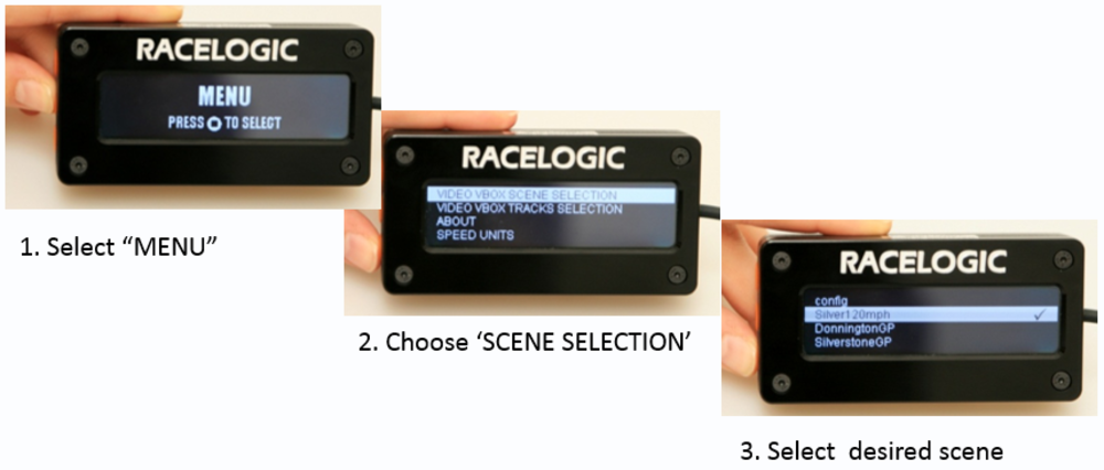 Images depicting how to select a scene via the OLED Display.
