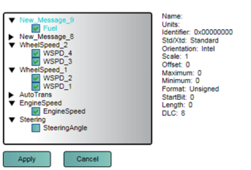 Screenshot of the selected CAN messages assigned to channels.