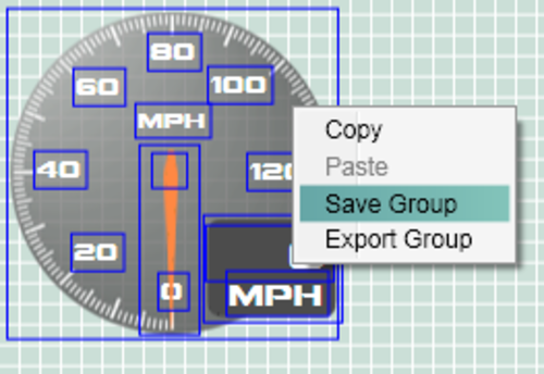 Screenshot of grouped elements and the right click menu with Save Group highlighted.