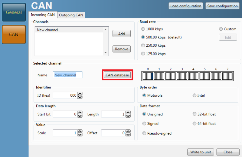Screenshot of the CAN menu in VBOX Setup software with the CAN database button highlighted.