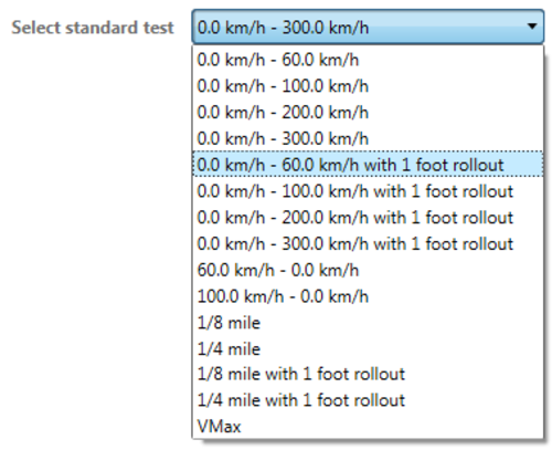 Screenshot of the Standard Tests options dropdown list. 