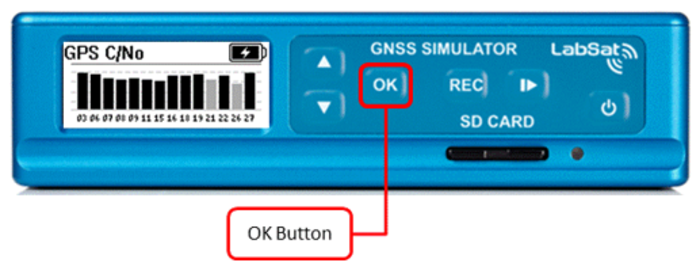LabSat 3 front panel highlighting the OK button. Press this button when the unit is replaying a file to open and close the live histogram (satellite levels). 