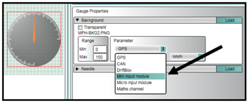 Screenshot of Gauge Properties with the Parameter dropdown list of options displayed.