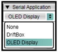 Screenshot of the Serial Application setting Video VBOX Setup software with OLED Display selected.