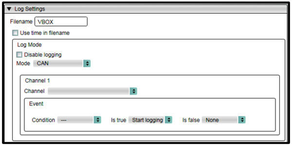 Screenshot of the Log Settings in Video VBOX Setup Software