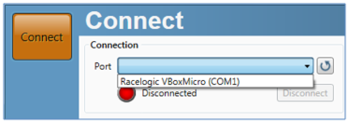 Cropped screenshot of the Connect options for VBOX Setup software connected to a VBOX Micro.