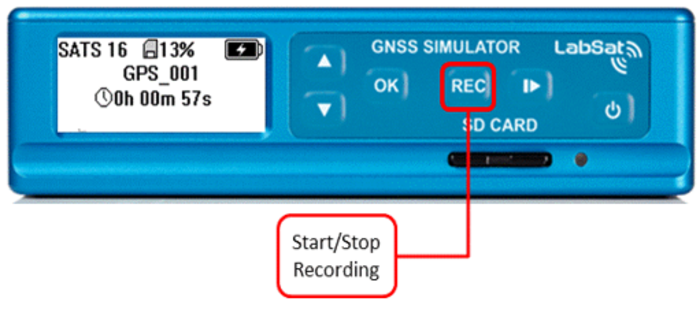 LabSat 3 recording screen showing the REC button location for starting or stopping GNSS scenario recording.