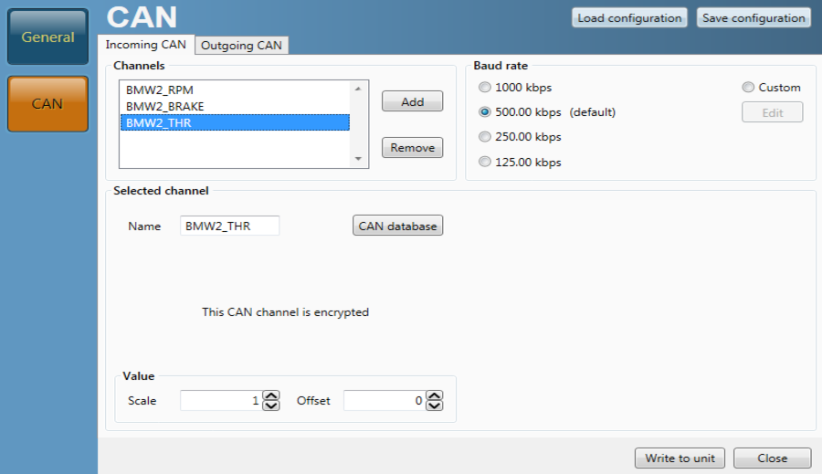 Screenshot of the CAN menu in VBOX Setup software with the Incoming CAN tab displayed. 