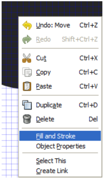 Screenshot of the right click menu with Fill and Stroke highlighted.