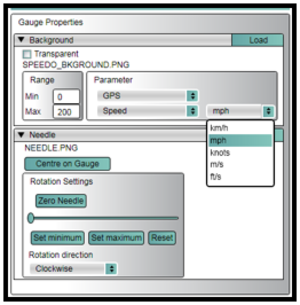 Screenshot of the Gauge Properties with the Parameter units dropdown list of options displayed.