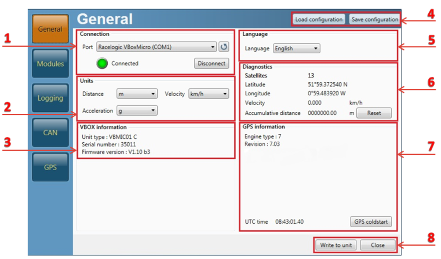 Screenshot of the General menu of VBOX Setup software when connected to VBOX Micro. Areas of the screen are highlighted and numbered. 