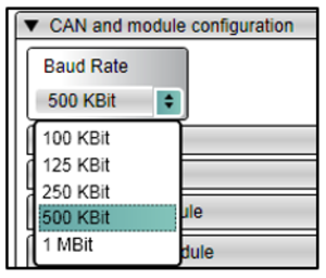 Screenshot of the CAN and Module Configuration settings with the available Baud Rate options displayed.