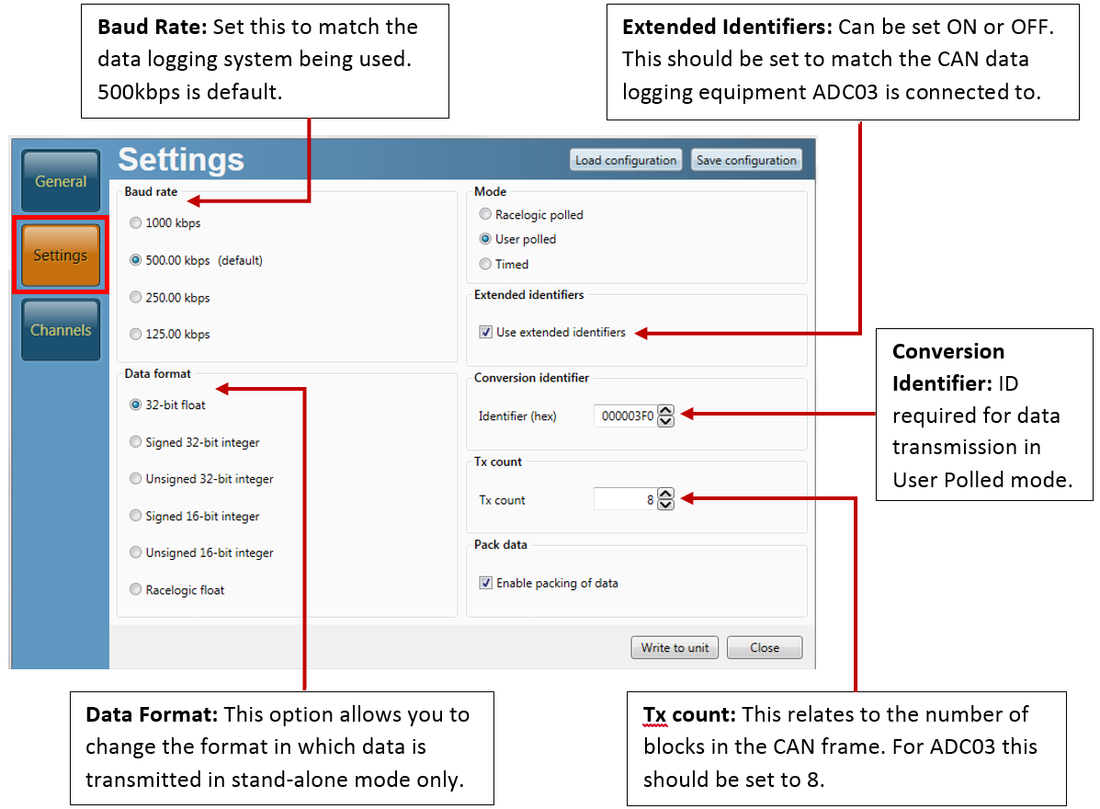 Screenshot of the Settings menu in VBOX Setup with areas highlighted and labelled with instructions.