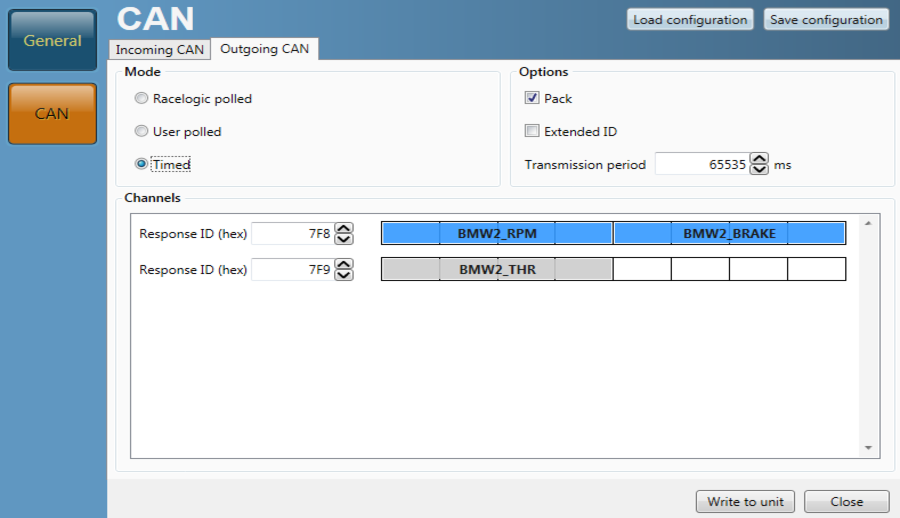 Screenshot of the CAN menu in VBOX Setup software with the Outgoing CAN tab displayed. 