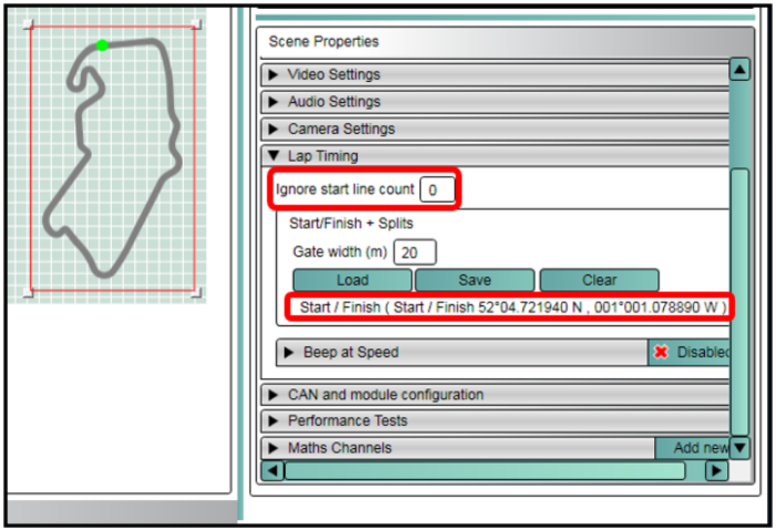 Screenshot of the Scene Properties with 'Ignore start line count' highlighted and set to zero, and the GPS coordinates of the Start / Finish line highlighted.