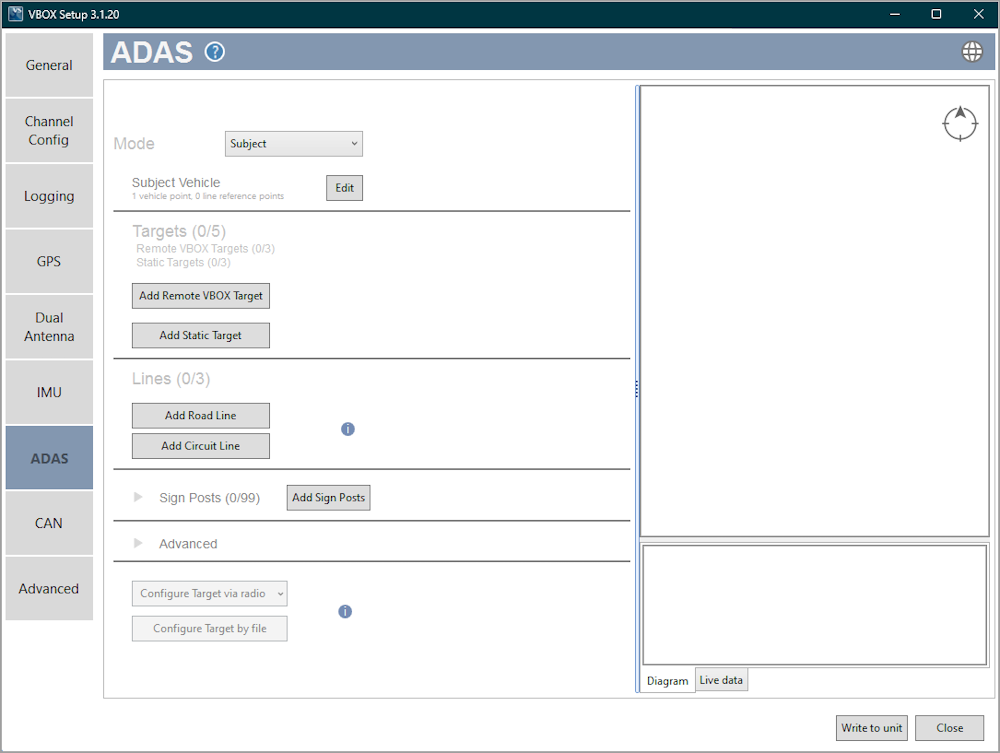 Screenshot of the ADAS Menu with ADAS enabled, in VBOX Setup connected to a VBOX 3i ADAS.