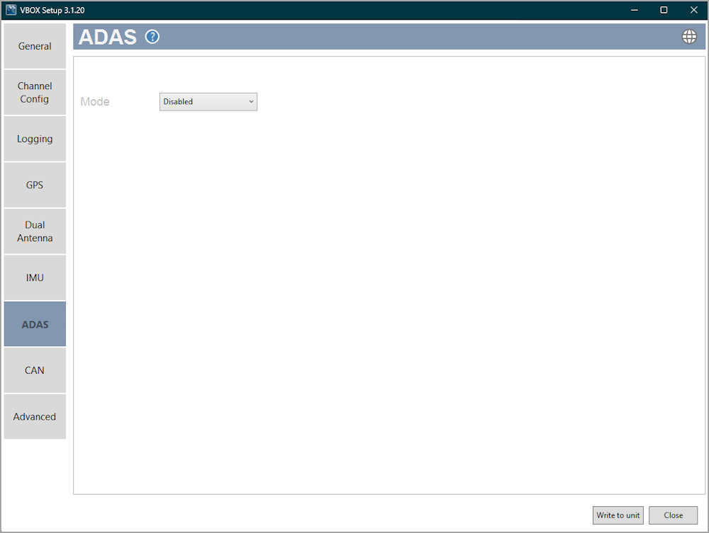 Screenshot of the ADAS Menu with ADAS disabled, in VBOX Setup connected to a VBOX 3i ADAS.