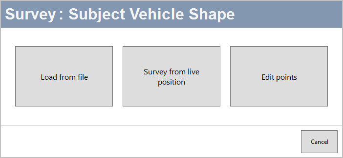 Screenshot of the Survey Vehicle Shape window with Load from File, Survey from live position and Edit Points options visible.