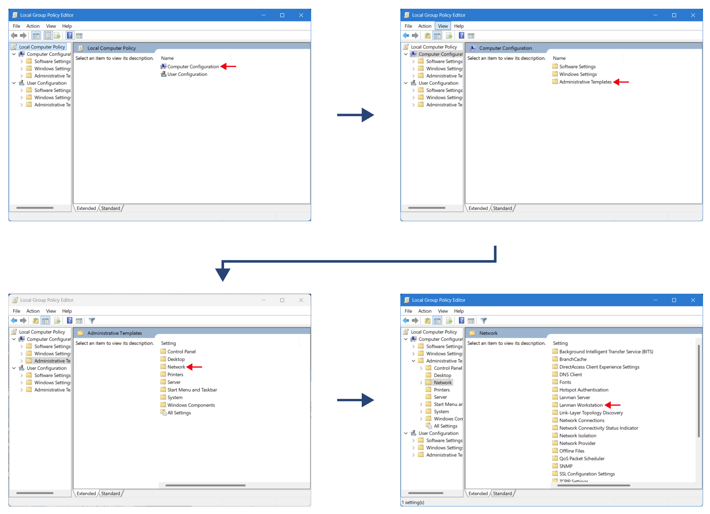 Procedure for locating Network policy settings in the Windows Local Group Policy Editor.