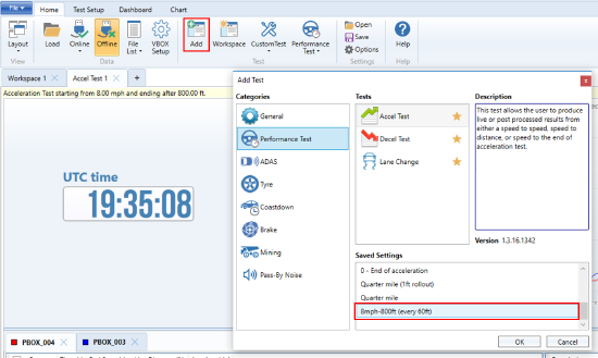 VBOX Test Suite with the Add button on the Home tab highlighted and the Add Test dialogue open with a saved settings test highlighted.