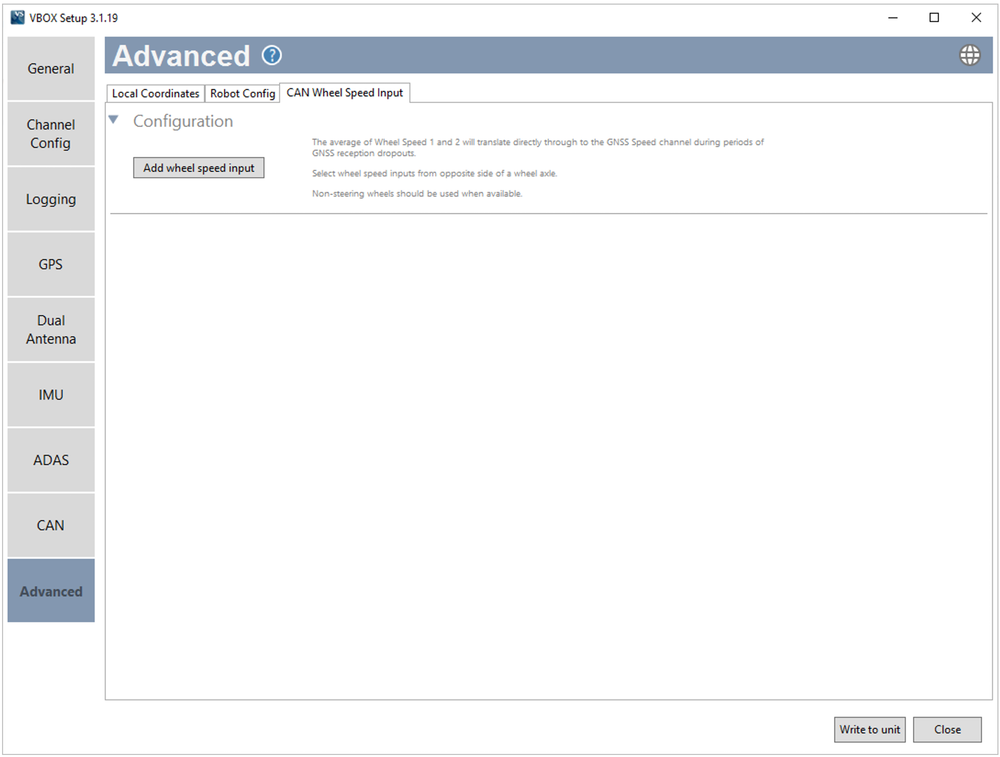 Screenshot of the CAN Wheel Speed Input tab in the Advanced Menu of VBOX Setup connected to a VBOX 3i ADAS unit.