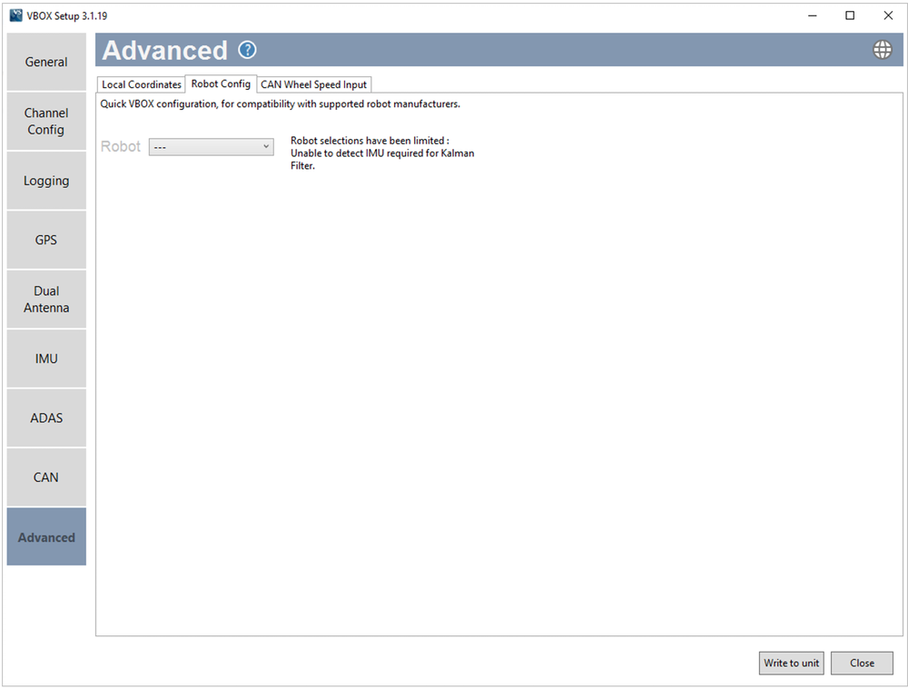 Screenshot of the Robot Config tab of the Advanced Menu in VBOX Setup connected to a VBOX 3i ADAS unit.
