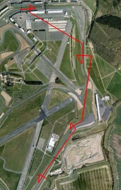Aerial view of Silverstone track with red lines overlaid