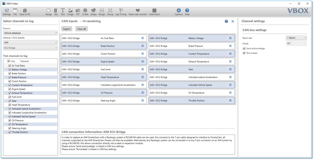 Screenshot of VBOX Video HD2 Setup showing the AiM channels.