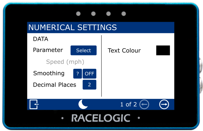 MFD Touch displaying the Data settings screen in the Numerical Settings.