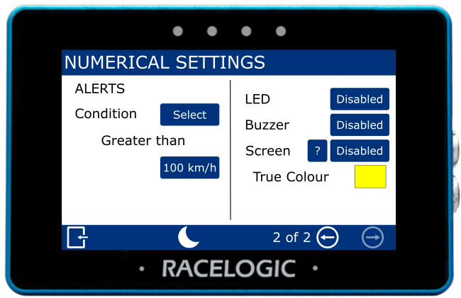 MFD Touch displaying the Numerical Settings - Alerts screen.