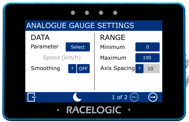 MFD Touch displaying the Analogue Gauge - Data/Range Settings screen.